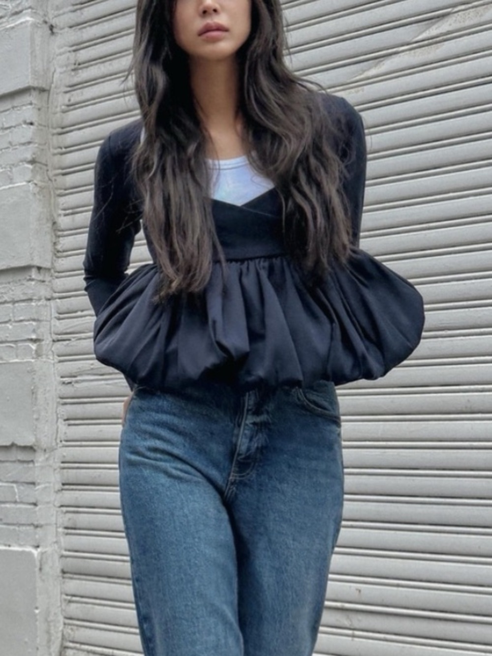 Zara navy long sleeve peplum top - Picture 2 of 10